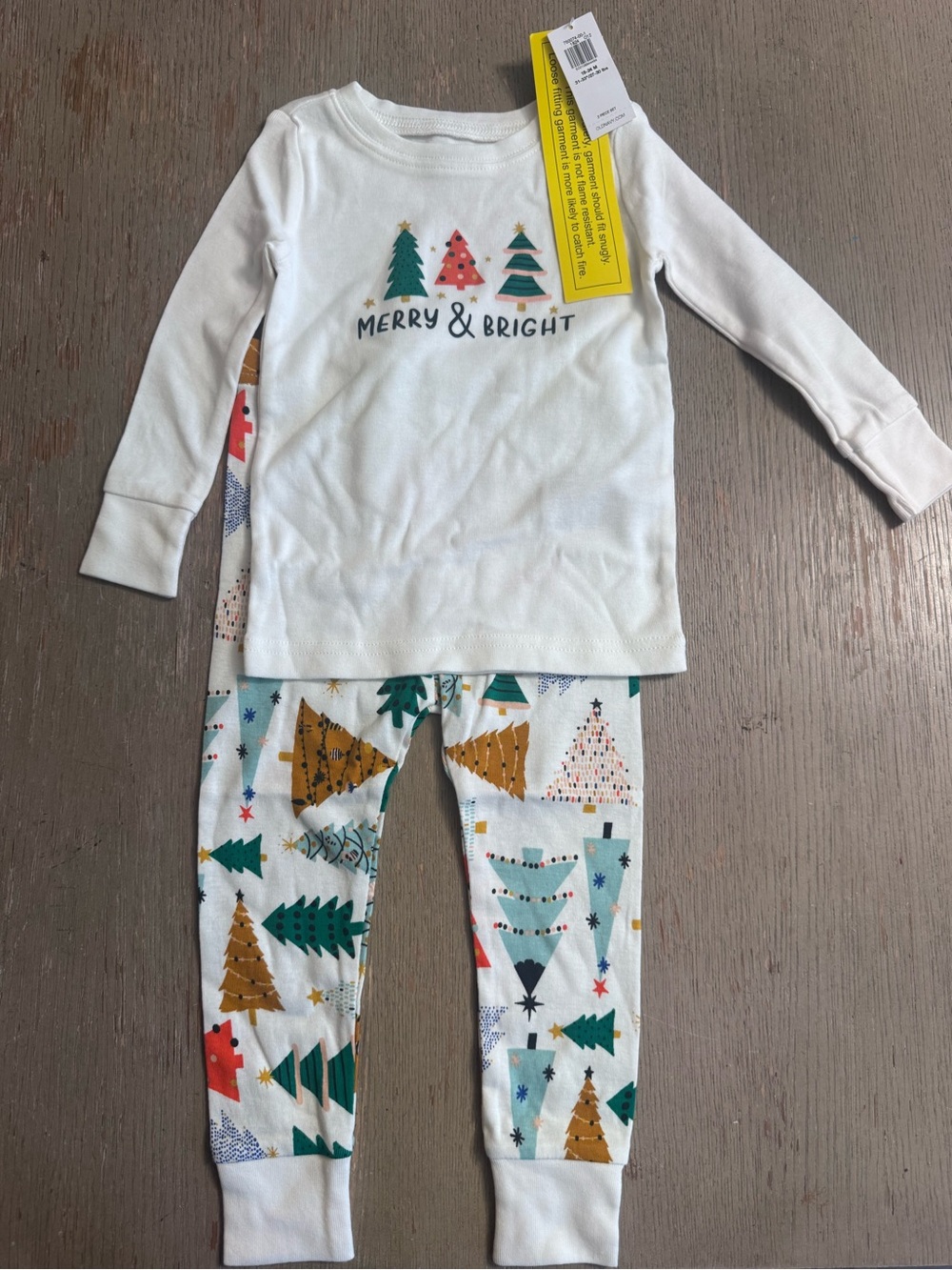 Old Navy White Kids Holiday Pajama Set with Green and Gold Trees